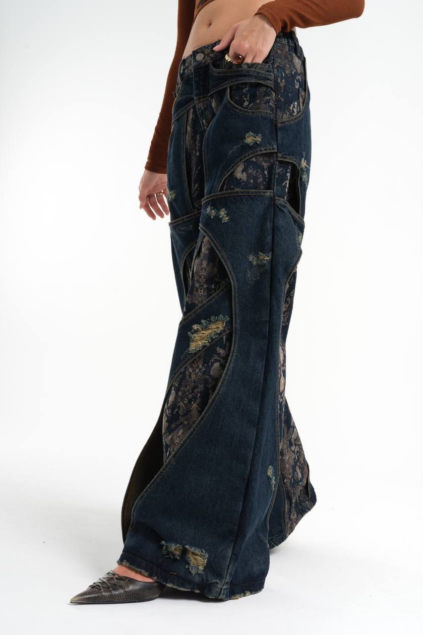 Snake Pattern Printed Mixed Wide Leg Jean