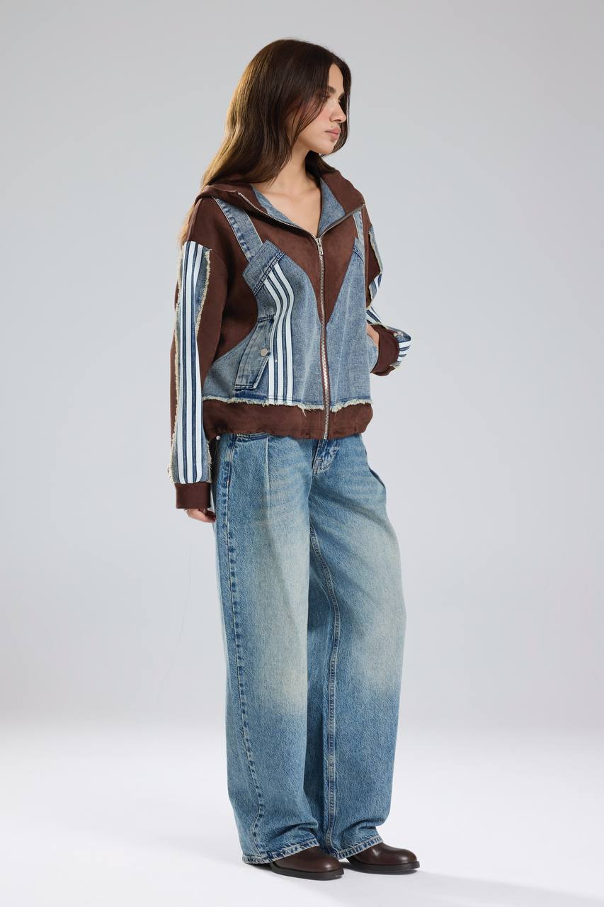 Kadın Süet ve Denim Garnili Şerit Detaylı Tasarım Ceket