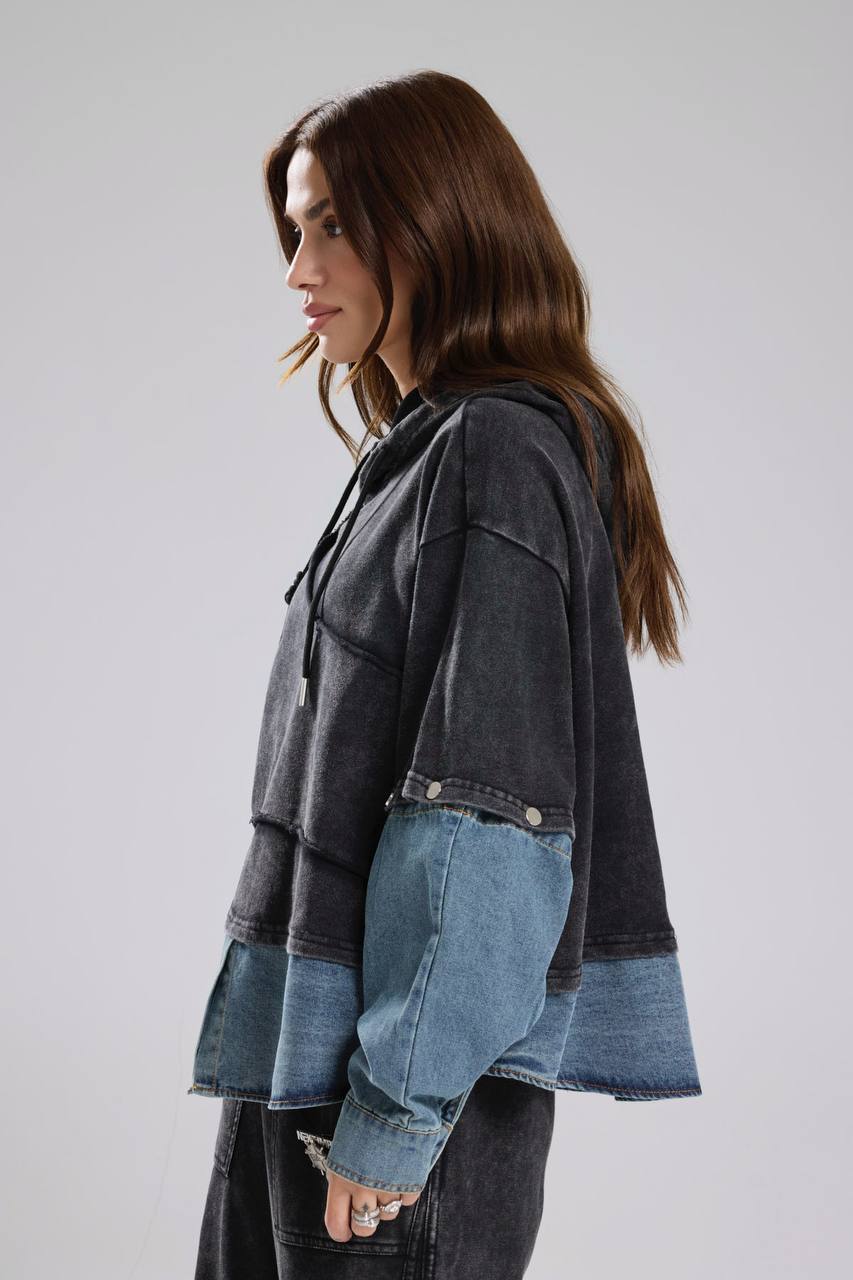 Kadın Denim Garnili Kolları Ayrılabilen Yıkamalı Tasarım Sweatshirt