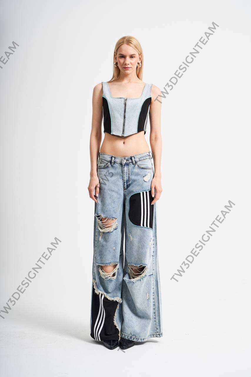 Denim Kumaş Tasarım Kadın Crop