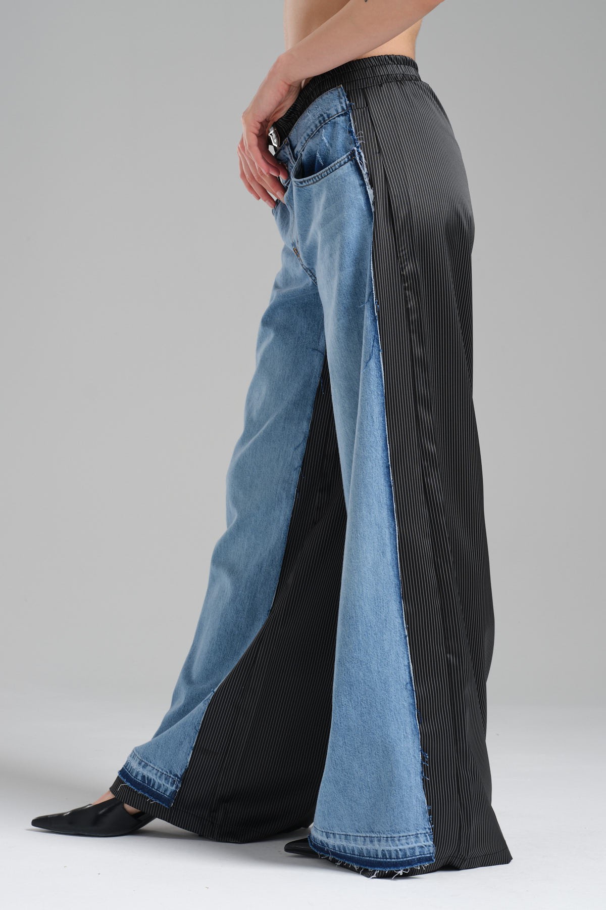 Kadın Denim ve Saten Garnili Tasarım Palazzo Pantolon