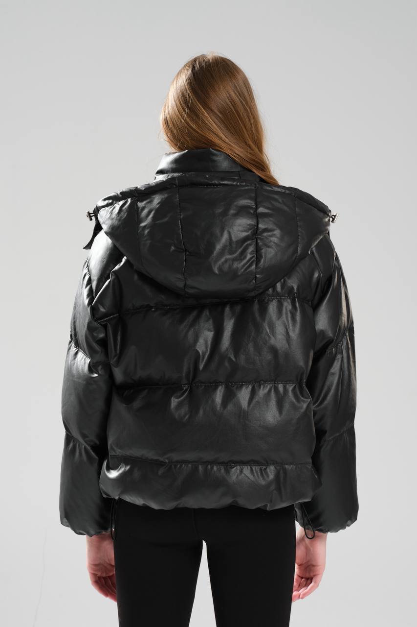 Kadın Suni Deri Kaz Tüyü Dolumlu Kapşonlu Tasarım Mont