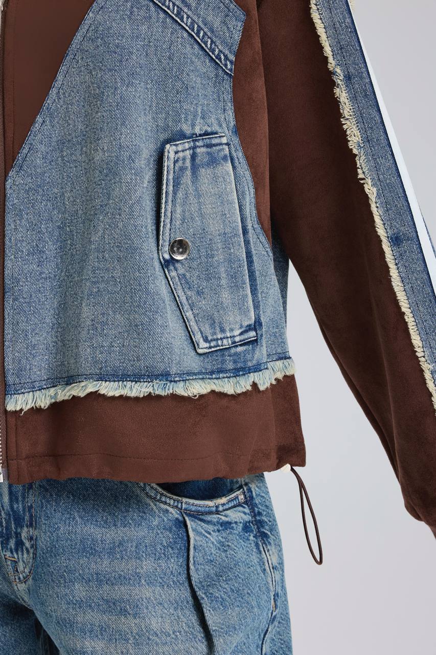 Kadın Süet ve Denim Garnili Şerit Detaylı Tasarım Ceket