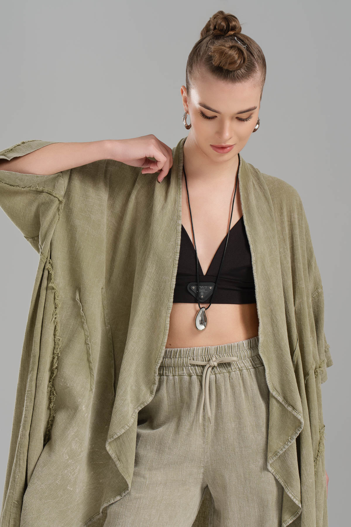 Kadın Parçaboya Keten Oversize Tasarım Uzun Ceket 