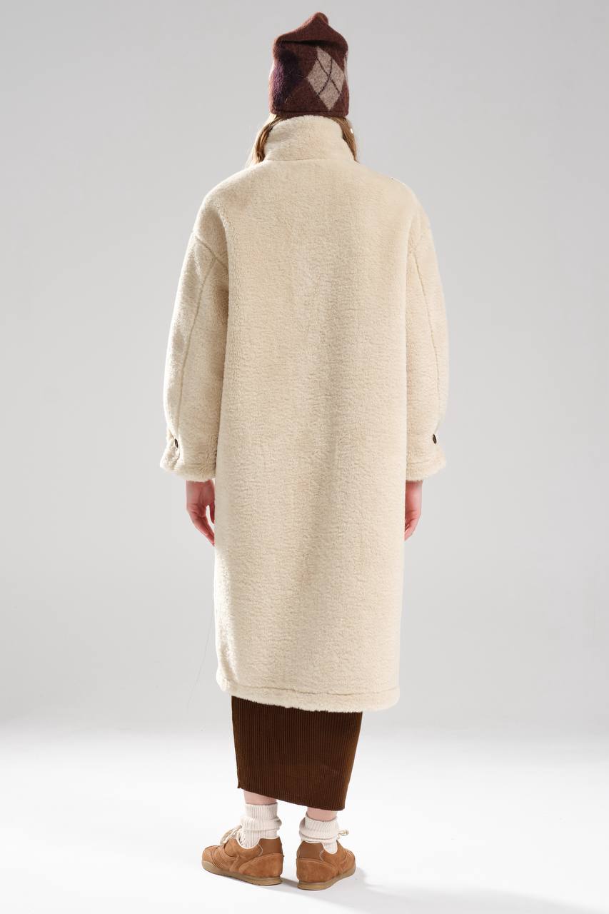 Kadın Peluş Kumaş İçi Süet Kemik Düğme Detaylı Tasarım Uzun Mont Kaban