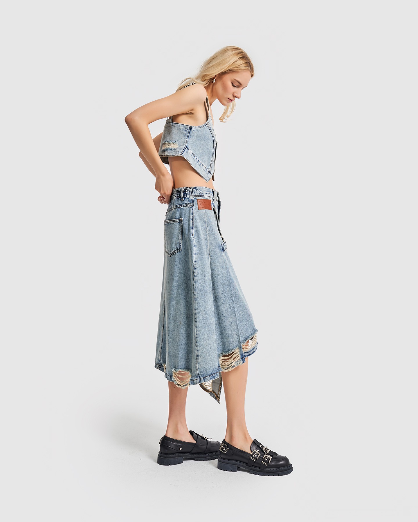 Relaxed Cut Denim Skirt with Stripe and Ripped Detail