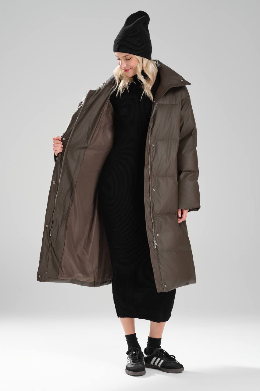 Kadın Suni Deri Kaz Tüyü Dolumlu Tasarım Uzun Mont