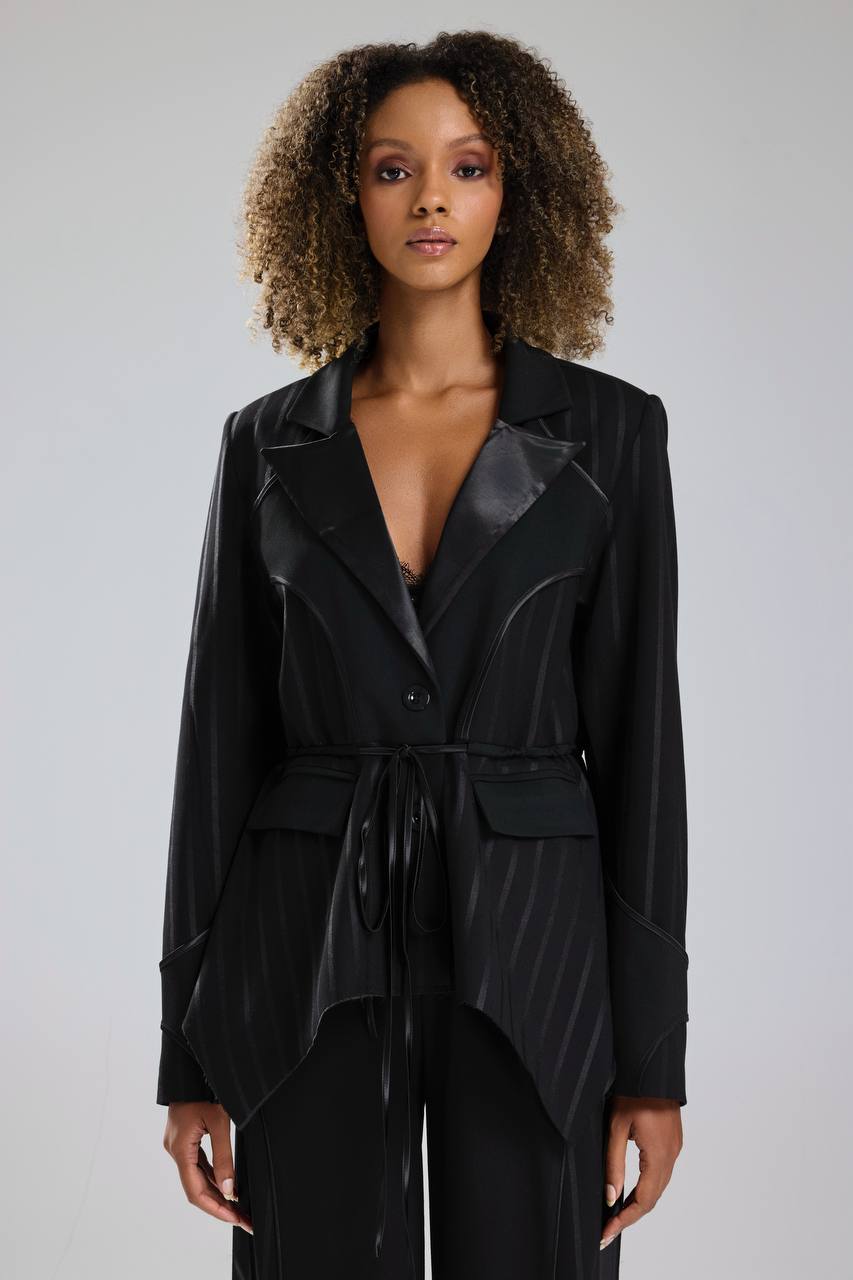Kadın Çizgili Varak Baskı ve Saten Detaylı Tasarım Blazer Ceket