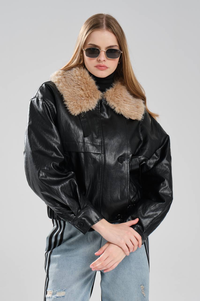 Kadın Deri Yakası Kürk Detaylı İçi Peluş Tasarım Ceket Mont