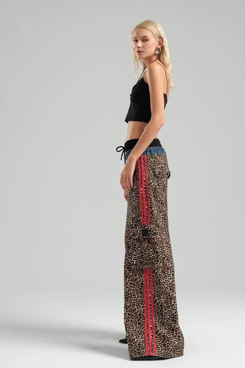 Leopard Patterned Gabardine Wide Leg Trousers