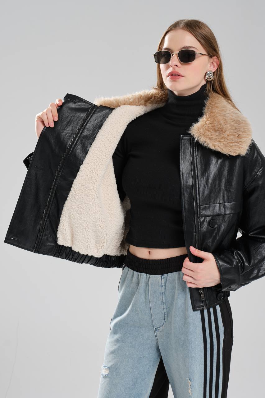 Kadın Deri Yakası Kürk Detaylı İçi Peluş Tasarım Ceket Mont