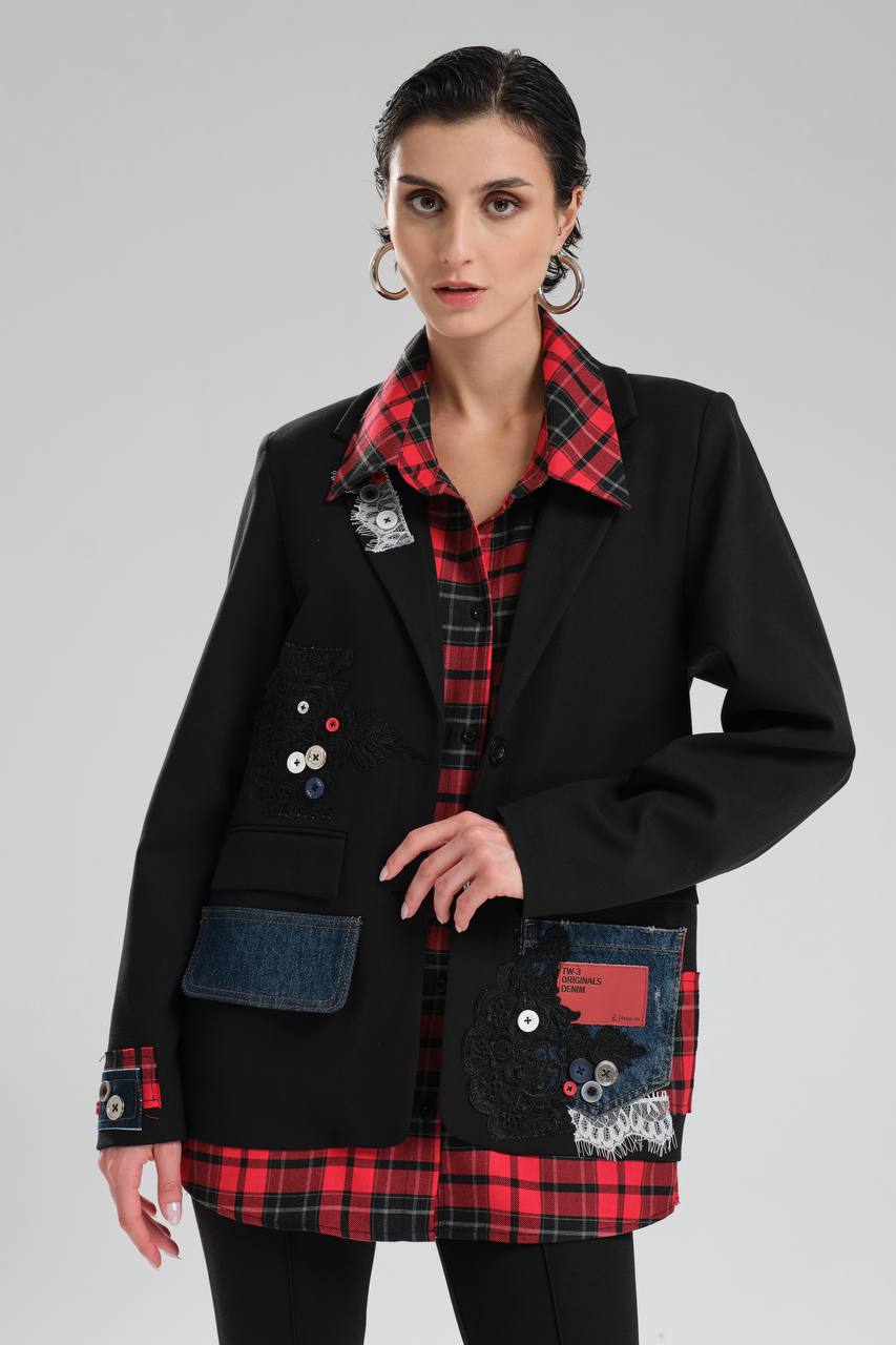 Kadın Ekose Gömlek Detaylı Tasarım Blazer Ceket