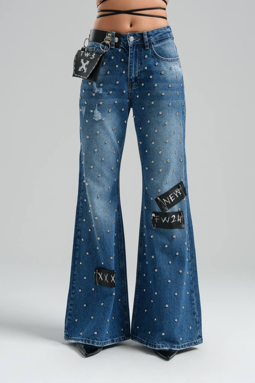 Trokk Sequined Flared Jeans with Removable Bag