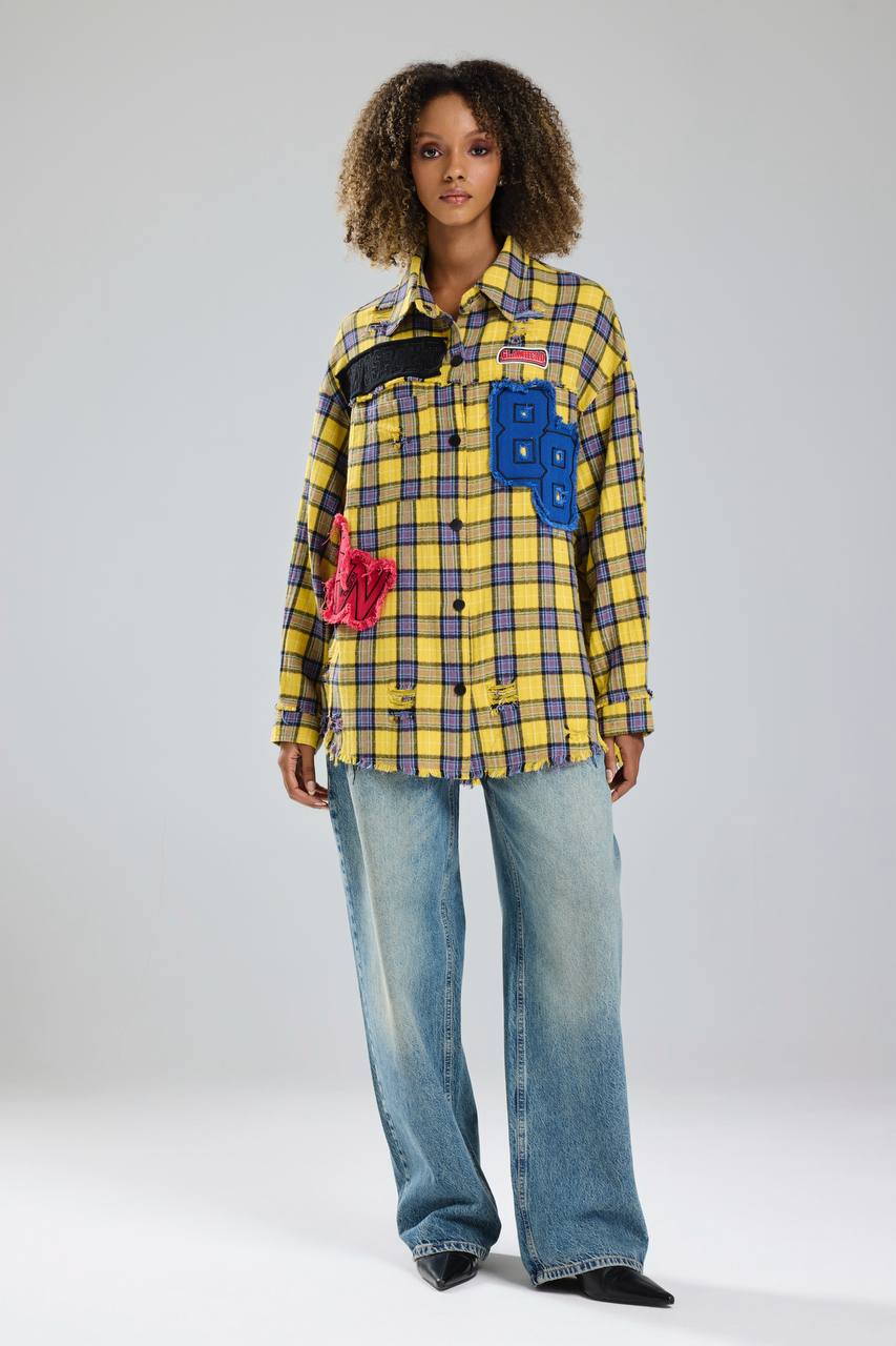 Kadın Ekose Kumaş Aplike ve Eskitme Detaylı Tasarım Gömlek