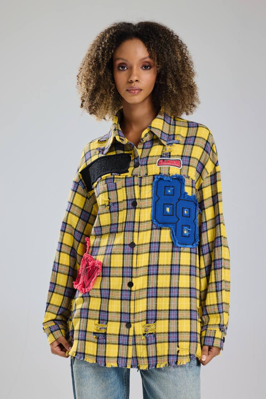 Kadın Ekose Kumaş Aplike ve Eskitme Detaylı Tasarım Gömlek