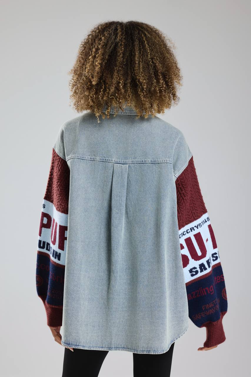 Kadın Kolları Triko Örgü Detaylı Denim Tasarım Gömlek Ceket