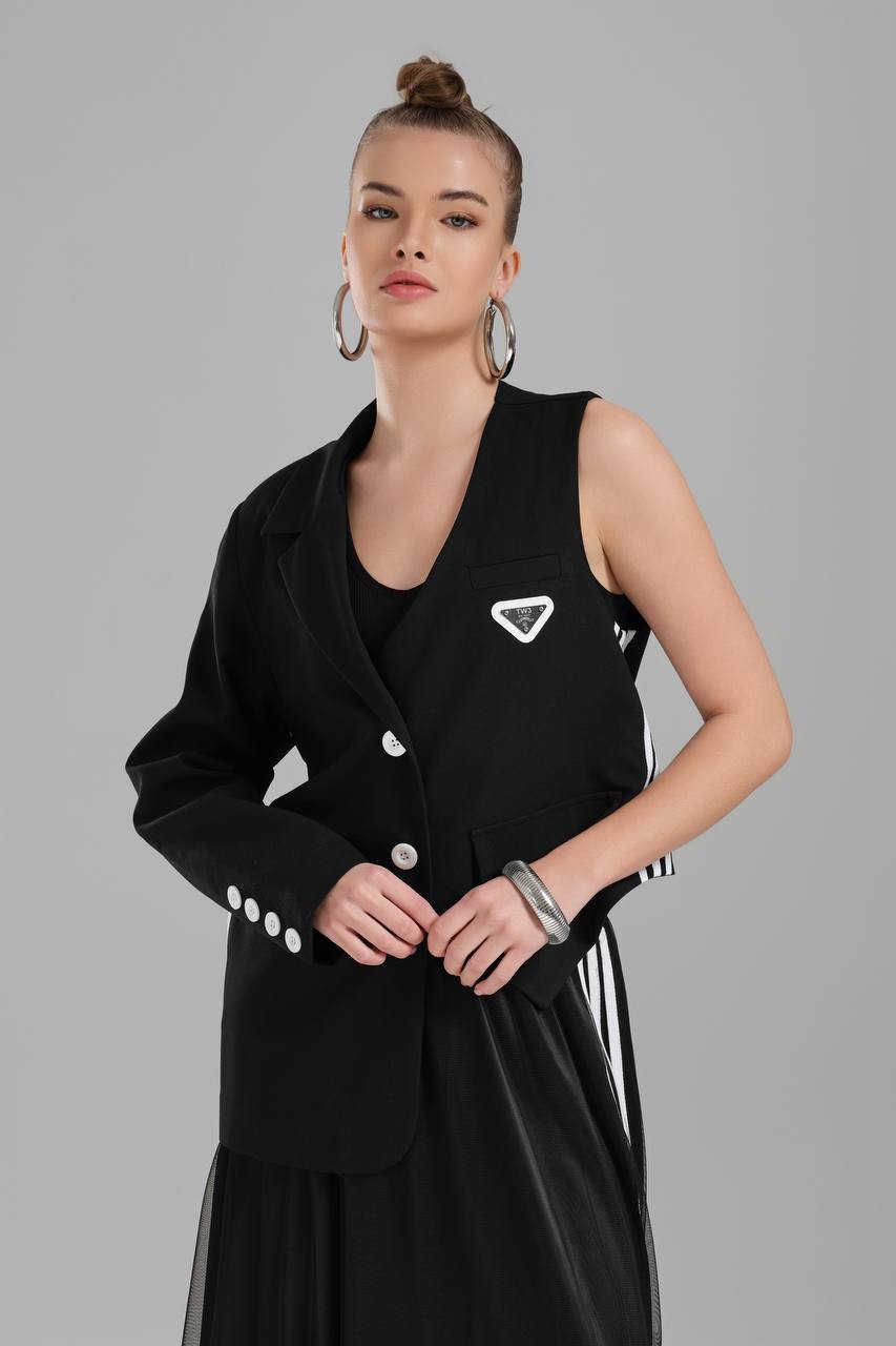 Kadın Şerit Detaylı Özel Tasarım Blazer Yelek Ceket