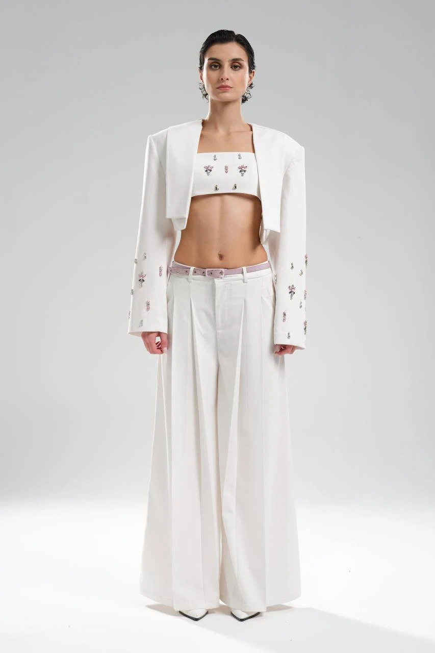 Kadın Çıkarılabilir Saten Kemer Detaylı Önü Pileli Tasarım Pantolon