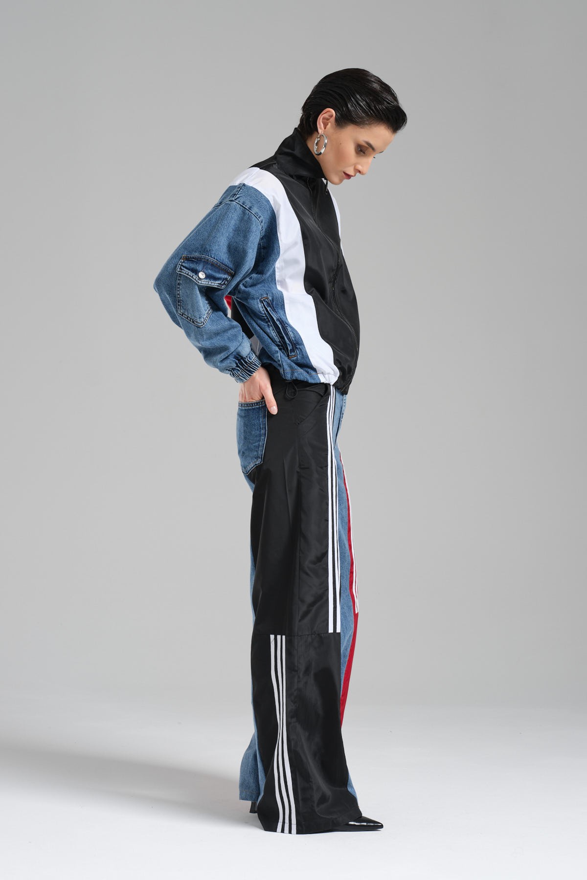 Kadın Denim ve Paraşüt Kumaş Garnili Tasarım Bomber Ceket