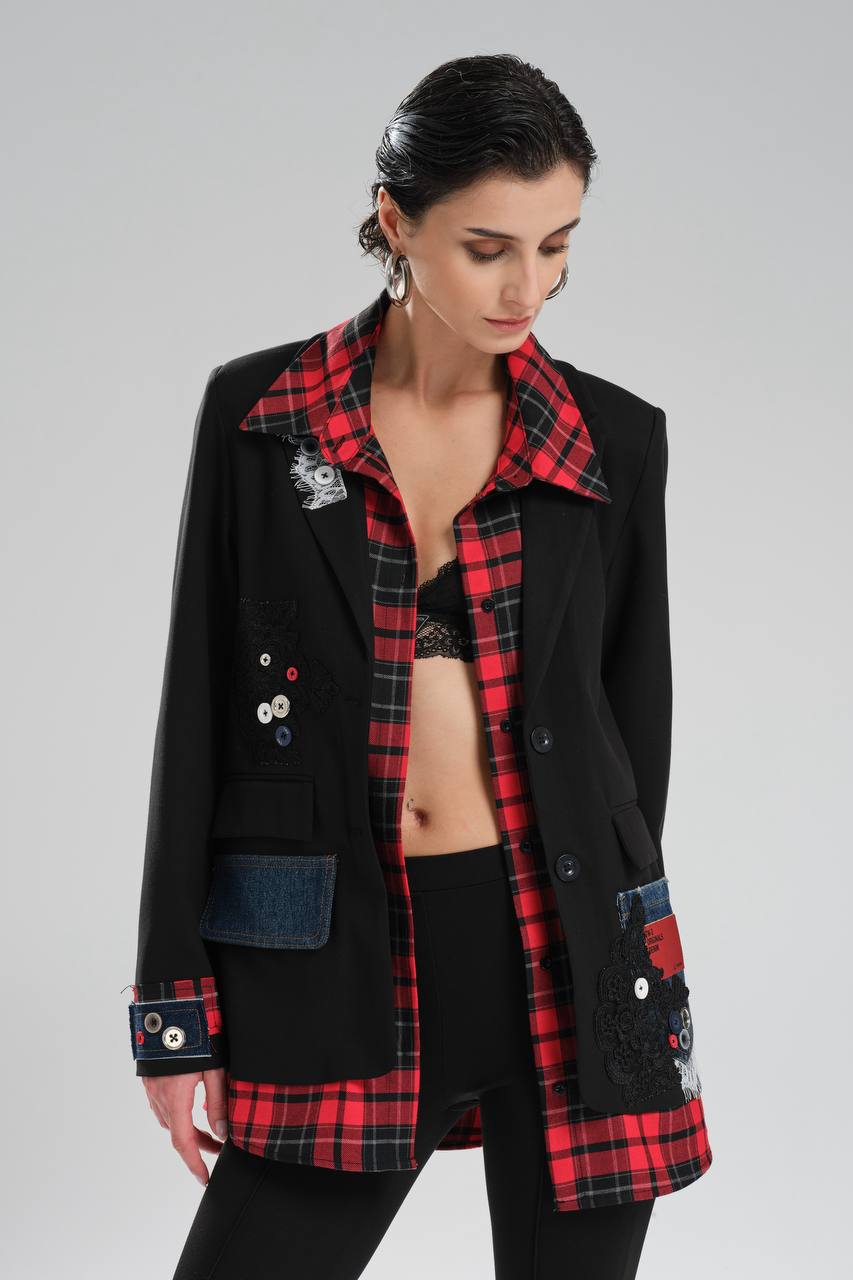 Kadın Ekose Gömlek Detaylı Tasarım Blazer Ceket