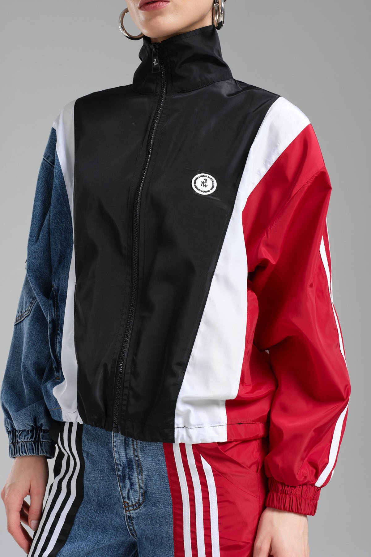 Kadın Denim ve Paraşüt Kumaş Garnili Tasarım Bomber Ceket