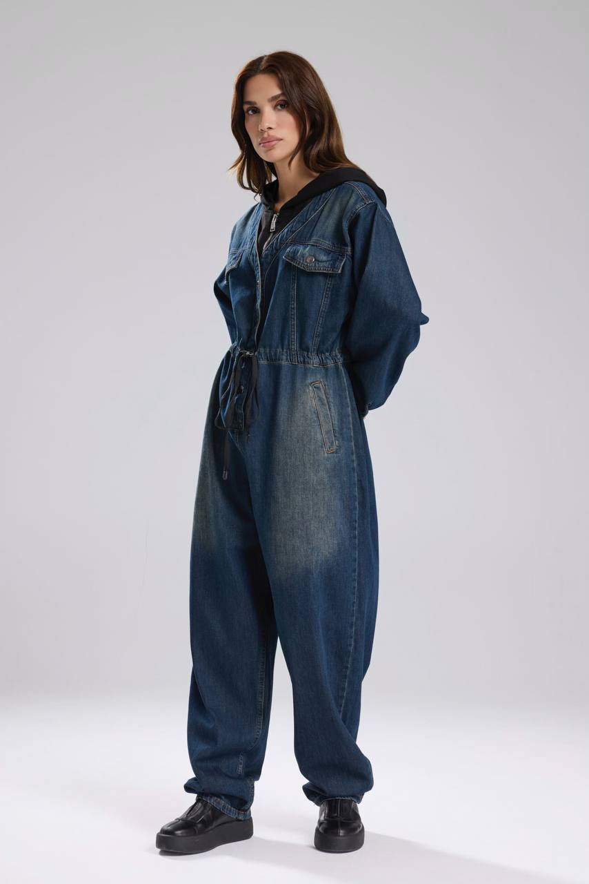 Kadın Denim Kumaş Ve Örme Kumaş Garnili Tulum