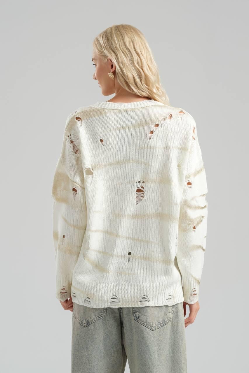 Gold Printed Knitwear Sweater with Ripped Detail