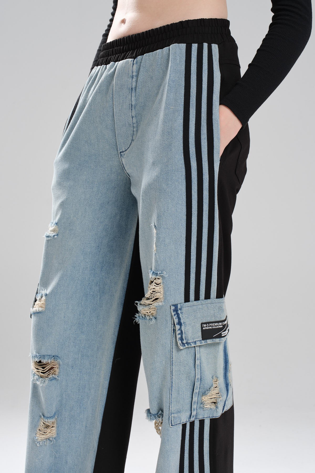 Kadın Arkası Örme Önü Denim Şerit Detaylı Tasarım Palazzo Fit Pantolon