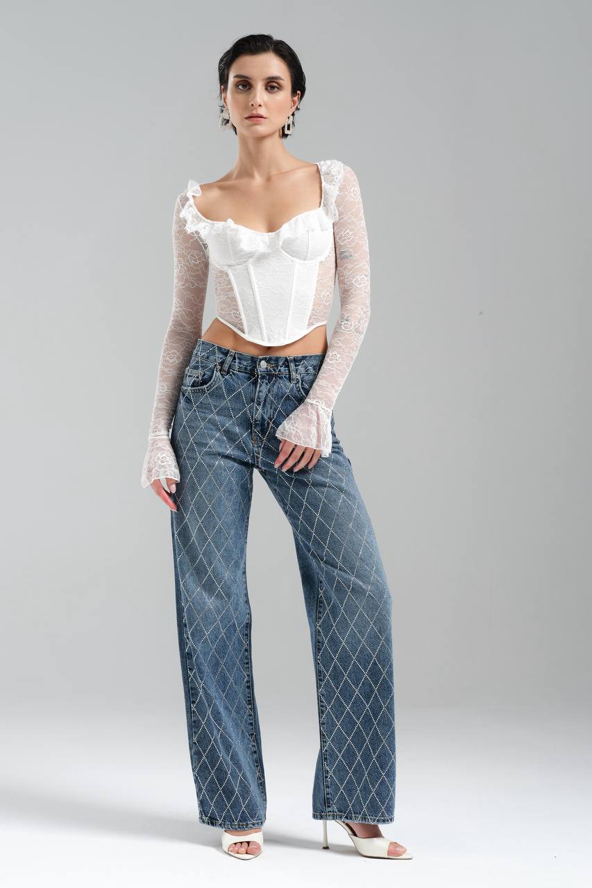 Kadın Dantel Kumaş Ön Kısmı Korse Arka Kısmı Dantel Tasarım Crop Bluz