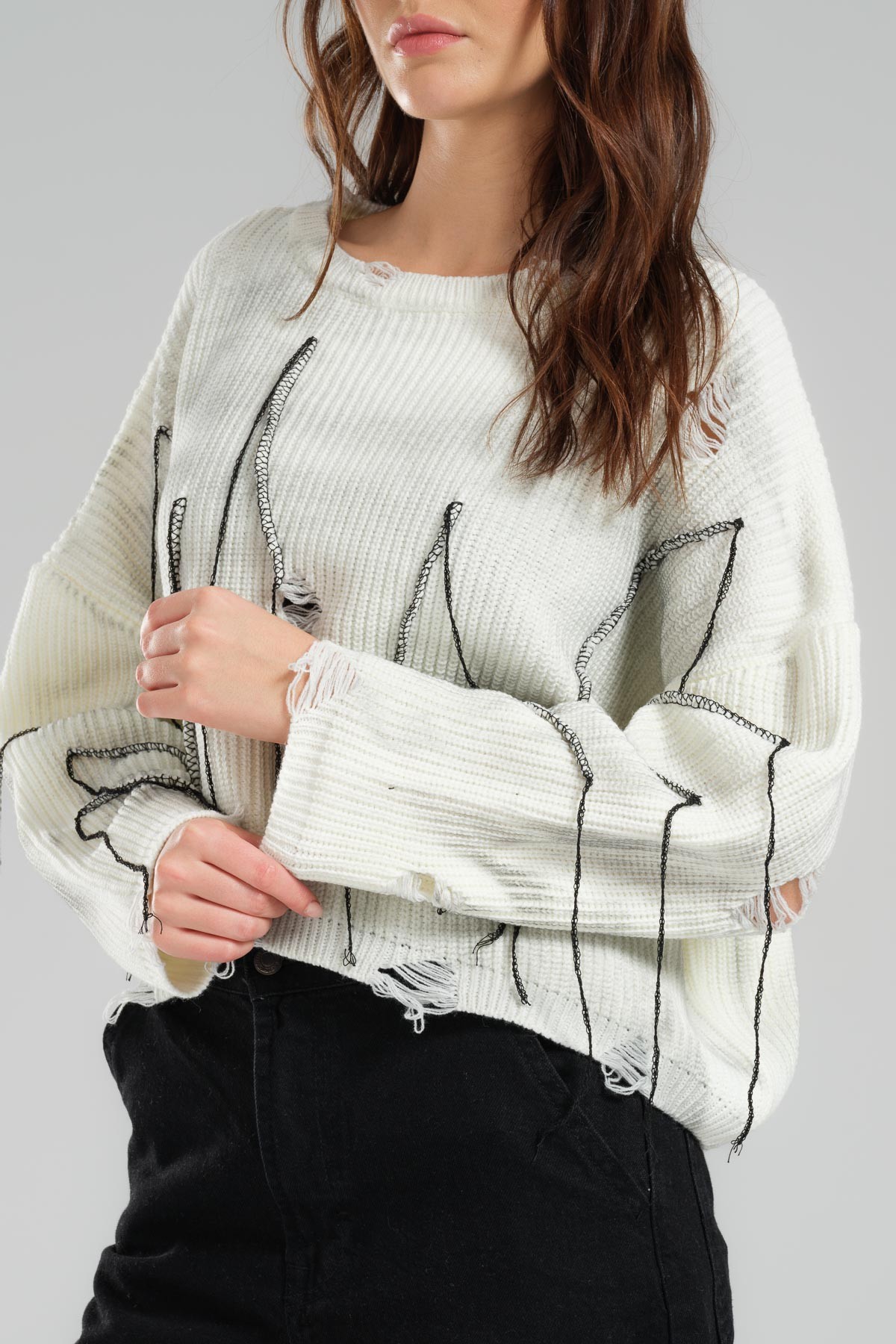 Washable and Stitching Detailed Knitwear Sweater