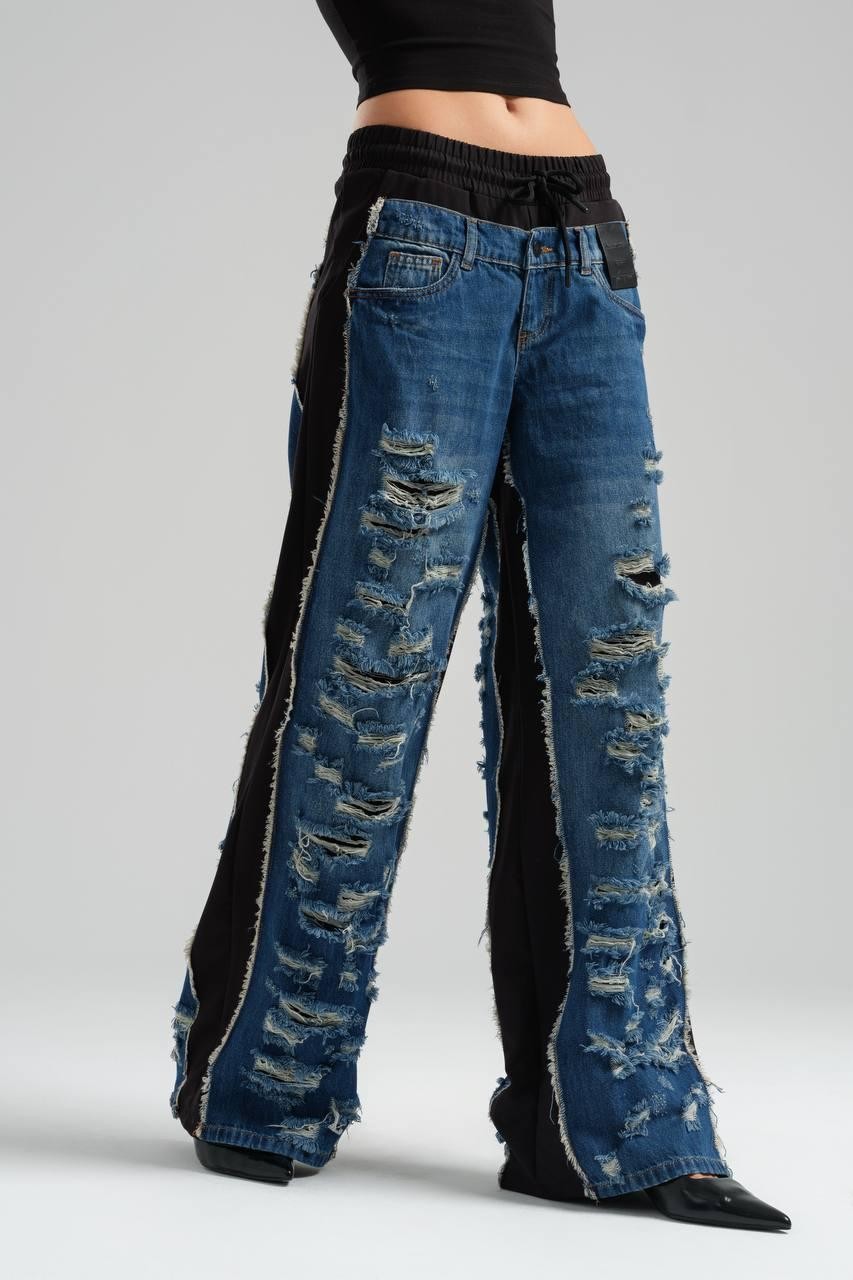 Jeans with Plenty of Rents and Woven Fabric Detail