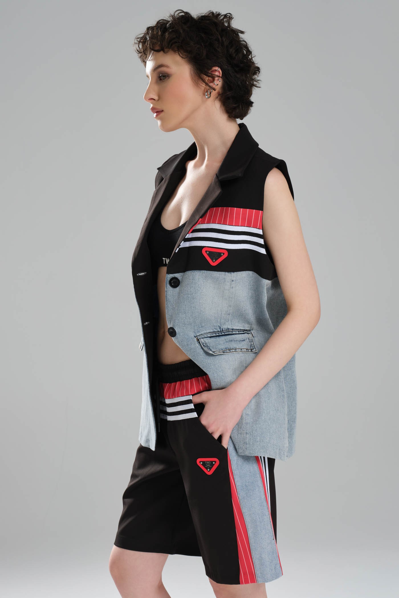 Kadın Şerit Detaylı ve Denim Garnili Tasarım Oversize Yelek
