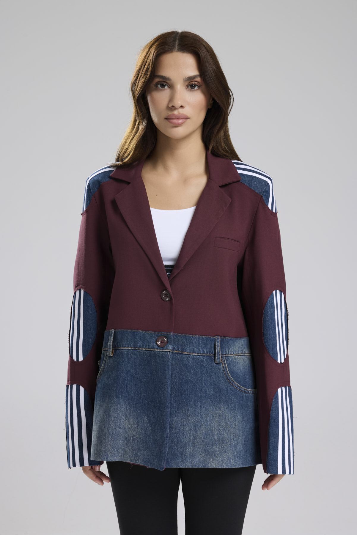 Kadın Denim Garnili Şerit Detaylı Tasarım Blazer Ceket