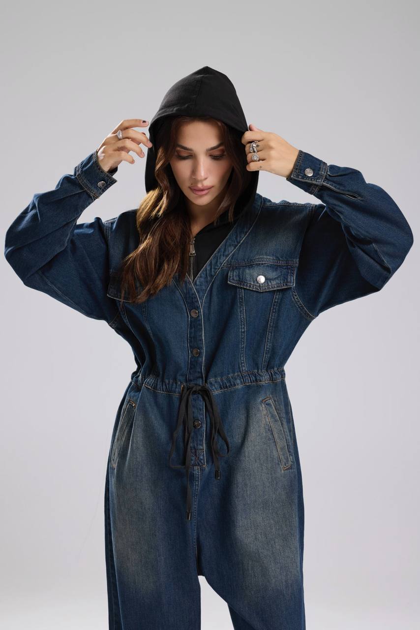 Kadın Denim Kumaş Ve Örme Kumaş Garnili Tulum