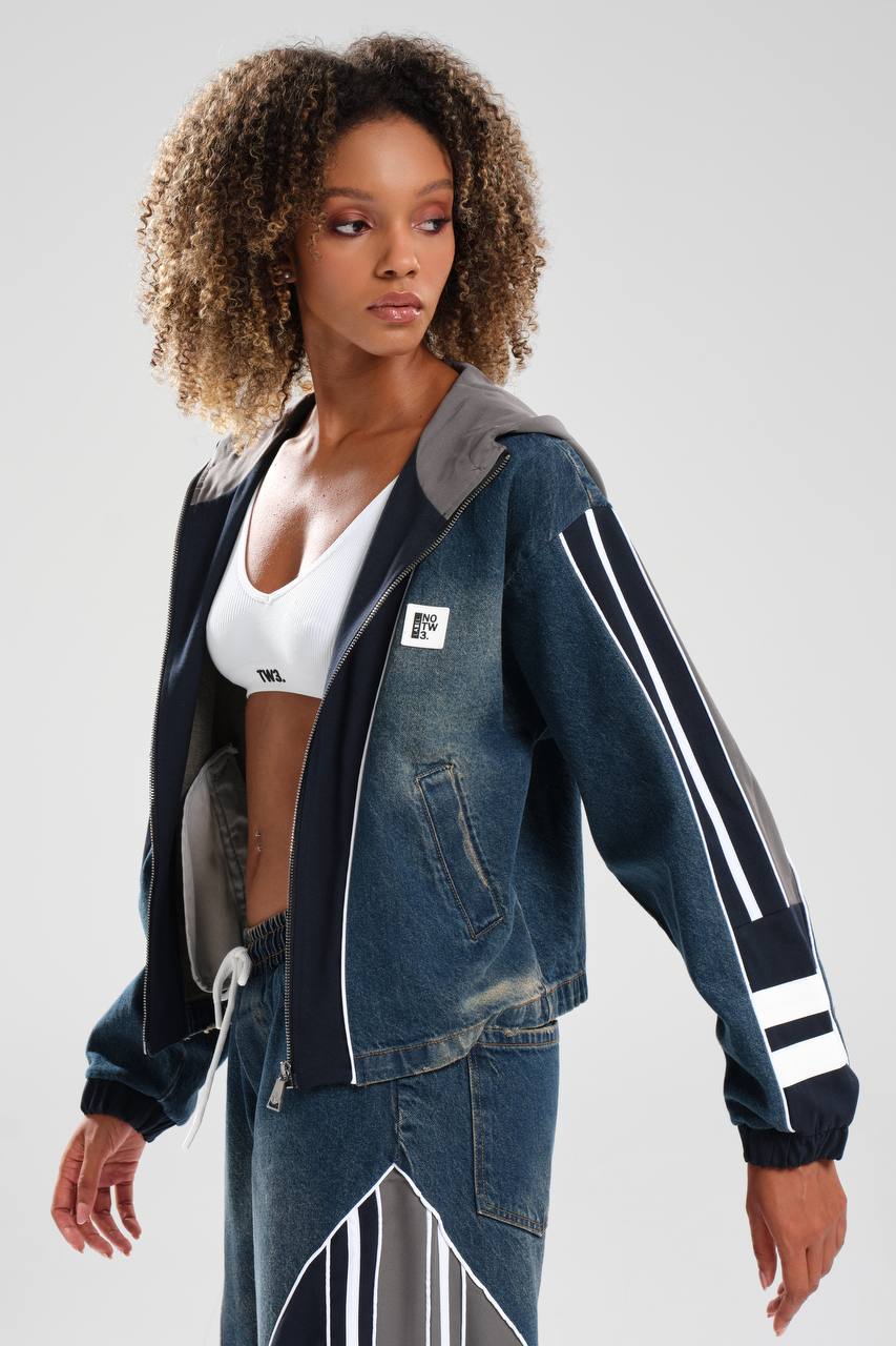 Kadın Denim Garnili Şerit Detaylı Tasarım Ceket