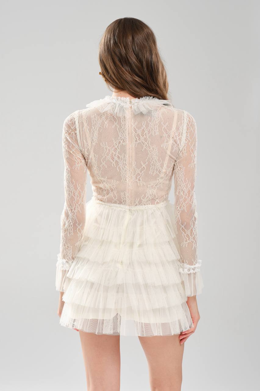 Kadın Fırfırlı Yaka ve Kol Detaylı El İşlemeli Dantelli Tasarım Mini Elbise