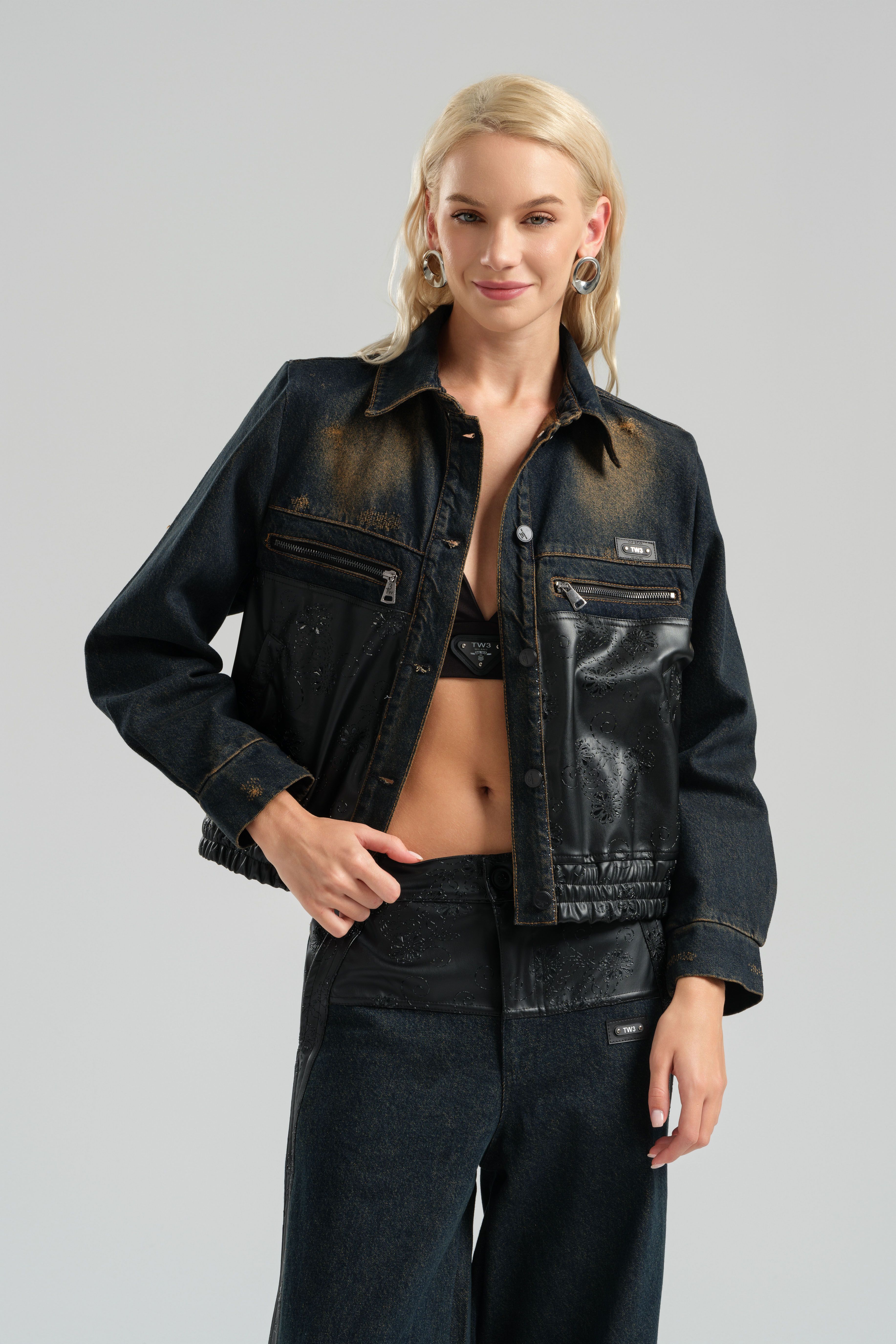 Blazer Denim Jacket with Faux Leather Garnish