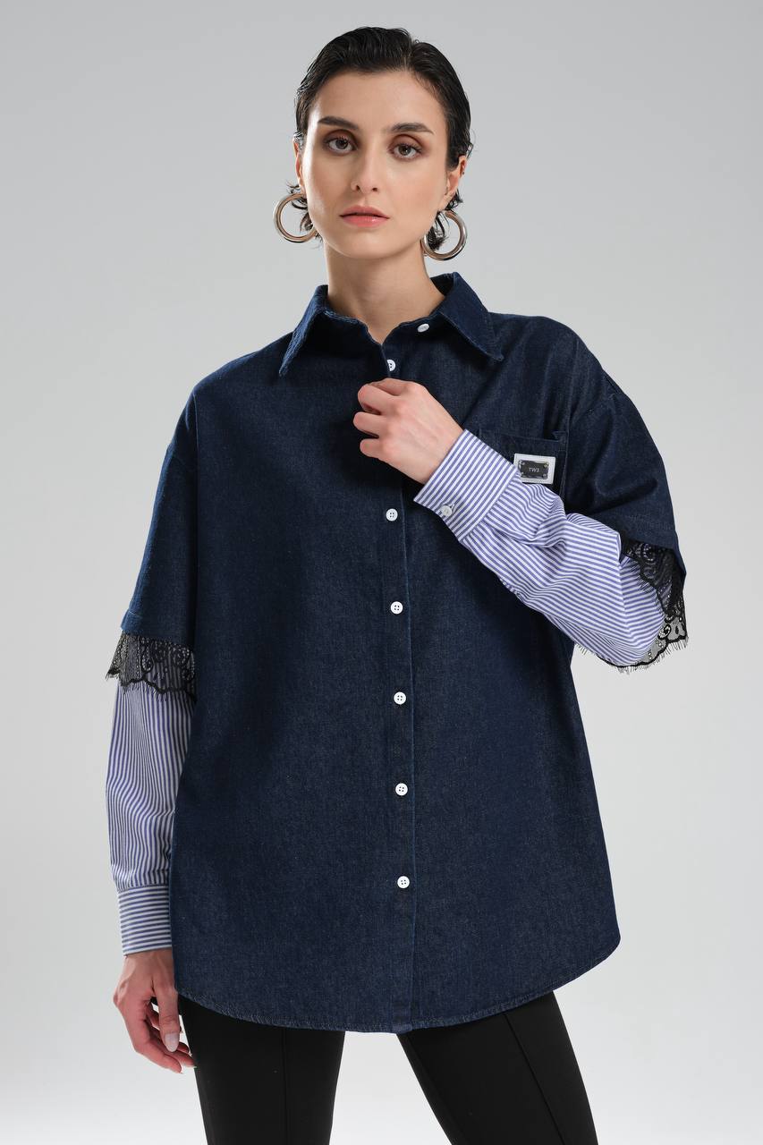 Kadın Denim Kolları Dantel ve Poplin Kumaş Detaylı Tasarım Gömlek