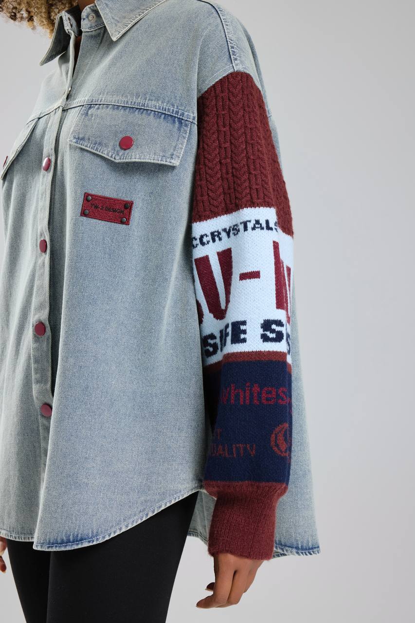 Kadın Kolları Triko Örgü Detaylı Denim Tasarım Gömlek Ceket