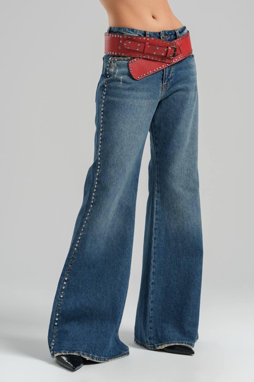 Leather Belted, Trokk Embroidered Flare Jeans