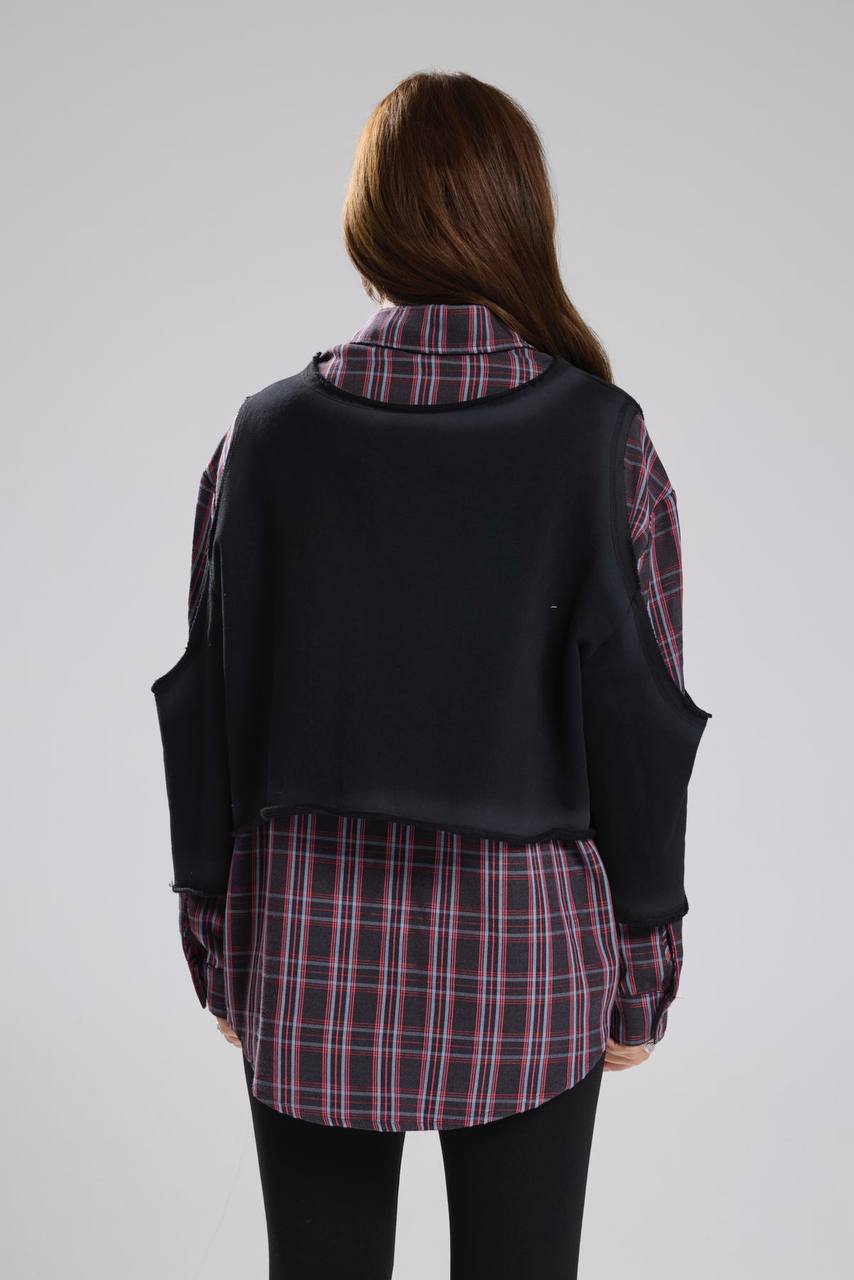 Kadın Ekose ve Örme Kumaş Garnili Tasarım Gömlek