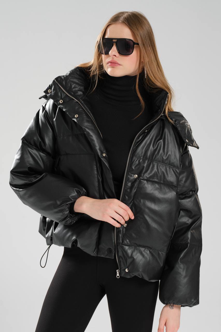 Kadın Suni Deri Kaz Tüyü Dolumlu Kapşonlu Tasarım Mont