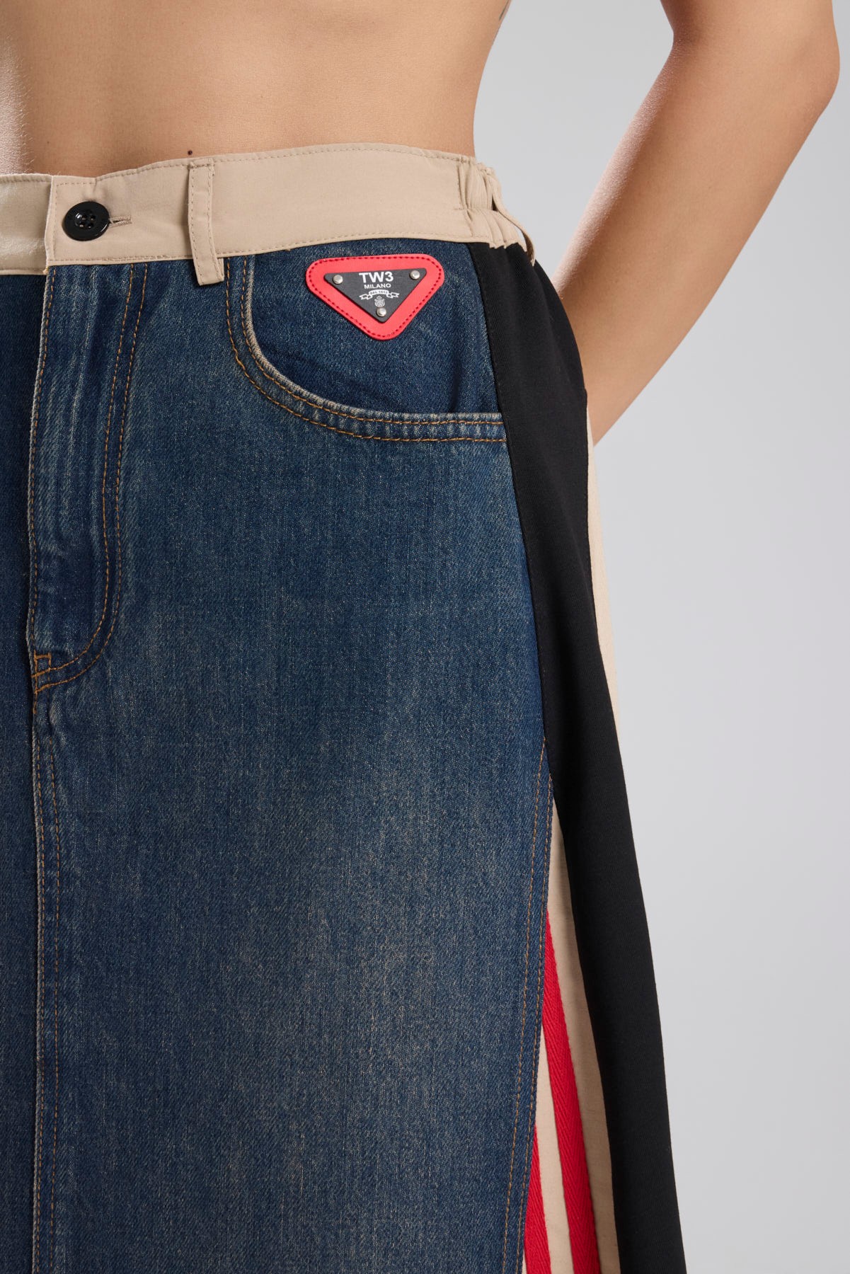 Kadın Şerit Detaylı Denim Garnili Tasarım Uzun Etek 