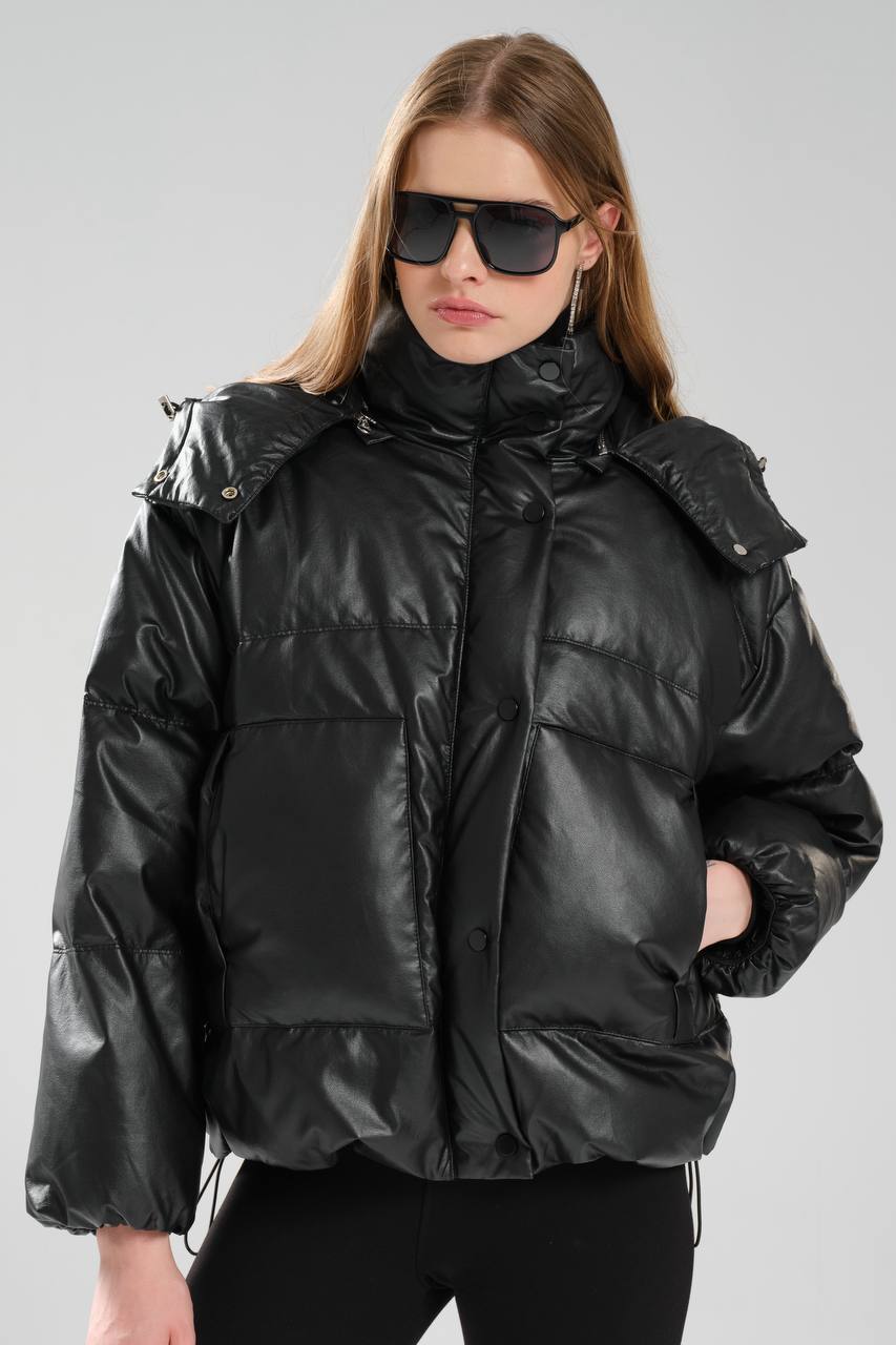 Kadın Suni Deri Kaz Tüyü Dolumlu Kapşonlu Tasarım Mont