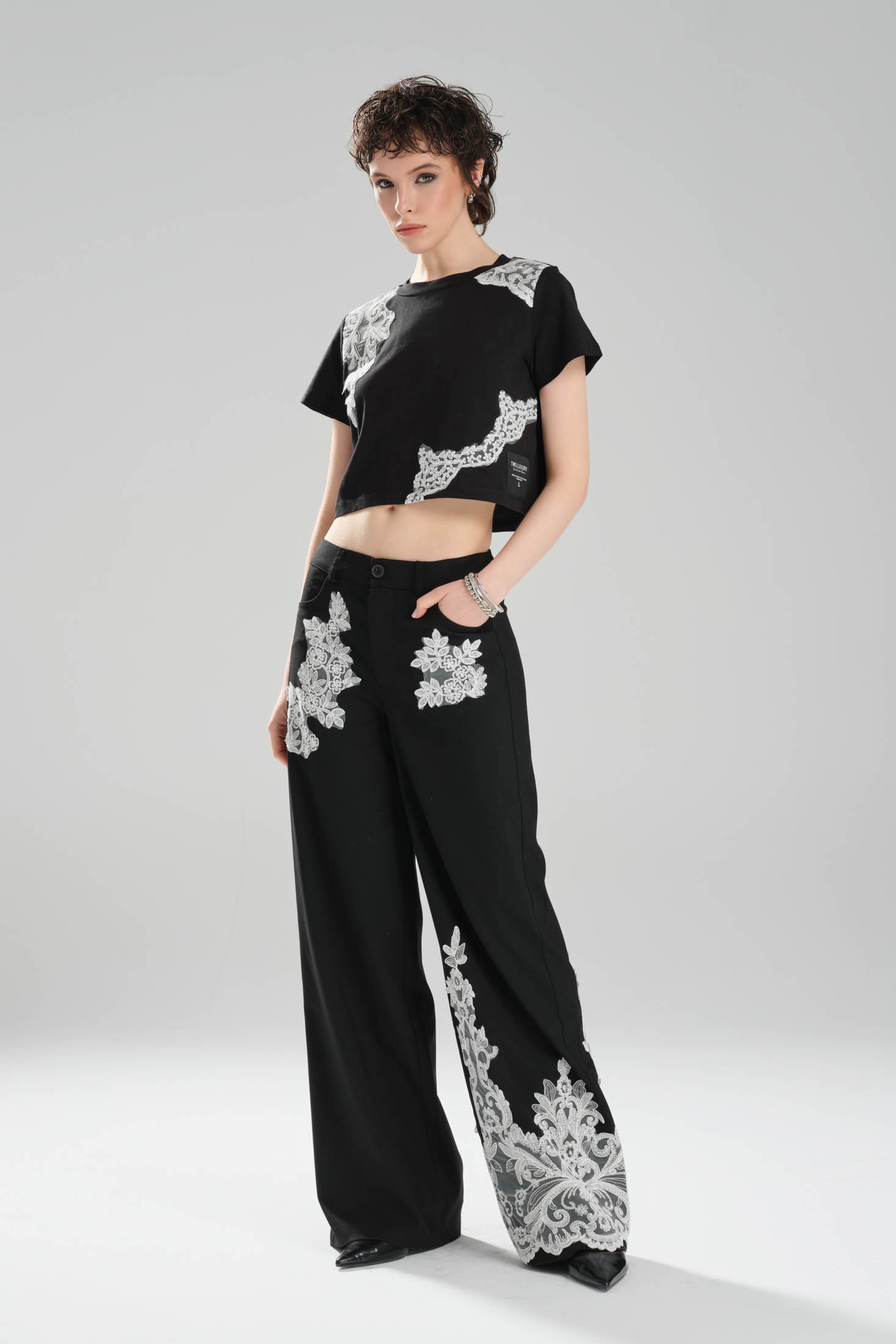 Kadın Dantel Aplikeli Tasarım Crop T-shirt