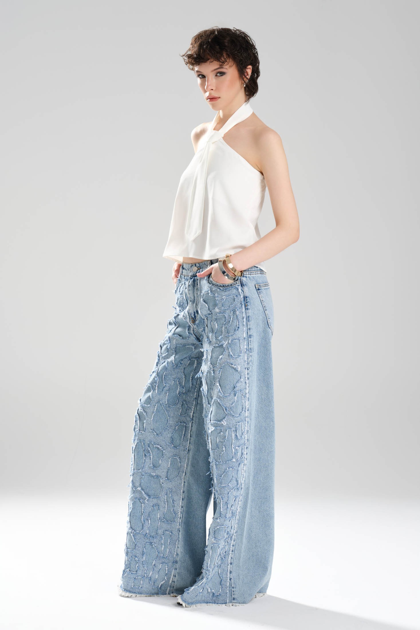 Kadın Denim Aplikeli Tasarım Palazzo Jean