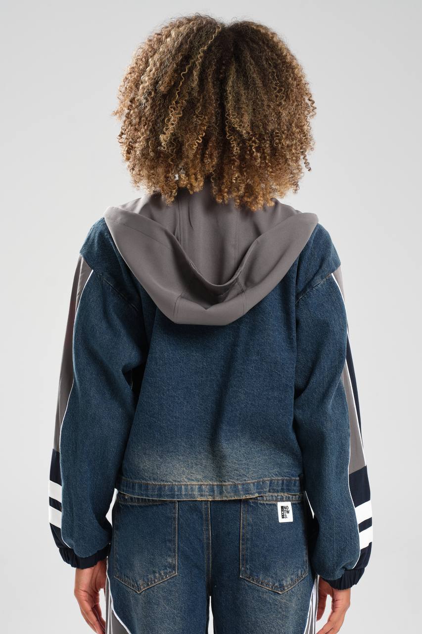 Kadın Denim Garnili Şerit Detaylı Tasarım Ceket