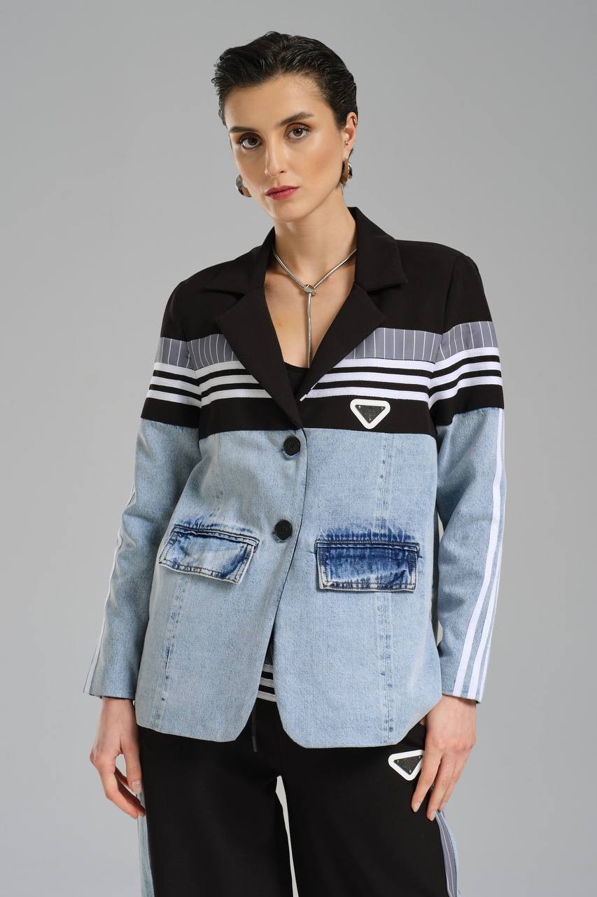 Kadın Şerit Detaylı ve Denim Garnili Tasarım Blazer Ceket