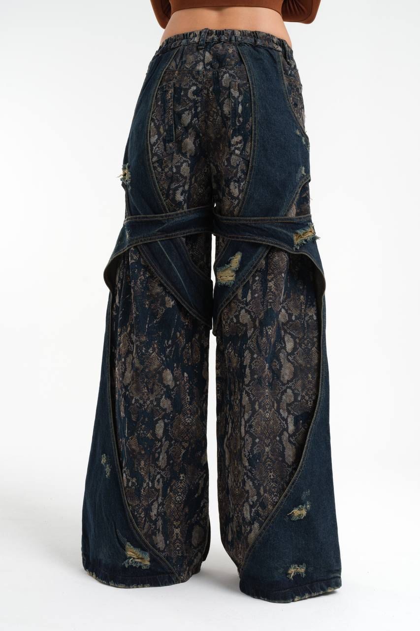 Snake Pattern Printed Mixed Wide Leg Jean