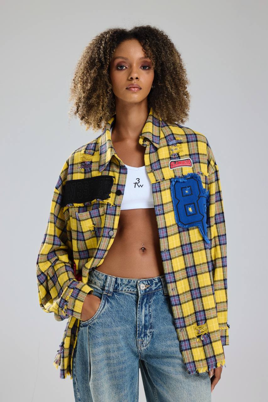 Kadın Ekose Kumaş Aplike ve Eskitme Detaylı Tasarım Gömlek